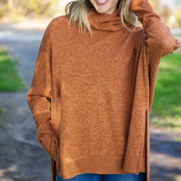 CAMEL BRUSHED MELANGE COWL NECK PONCHO SWEATER - Picture 1 of 8